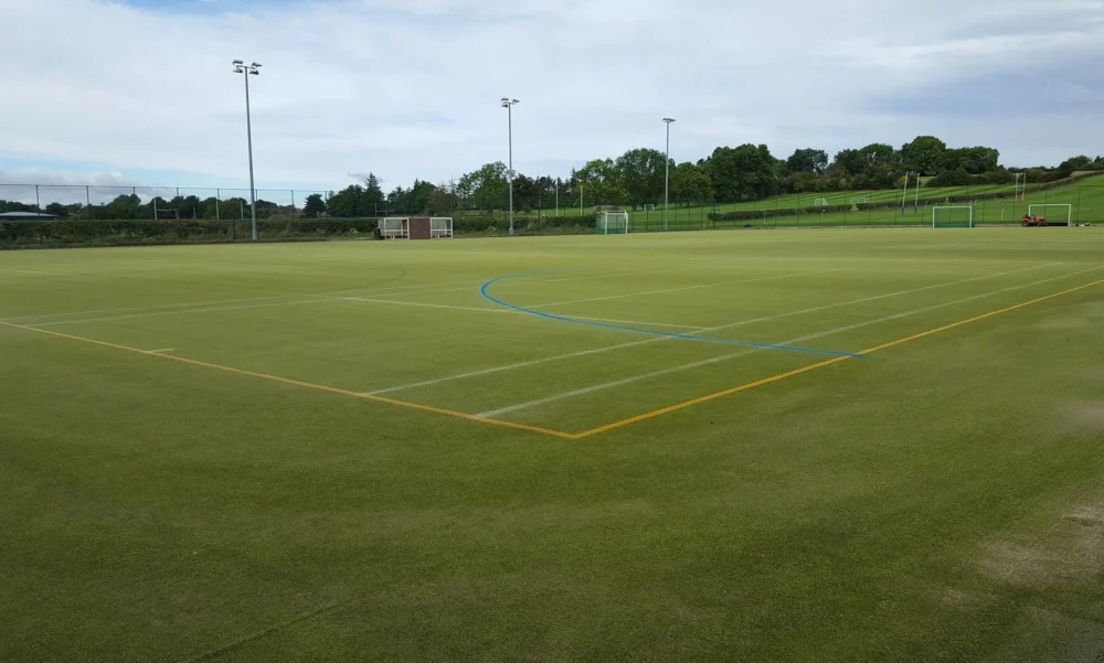 Barnard Castle School astroturf pitch featuring artificial green grass and a prominent blue boundary line.
