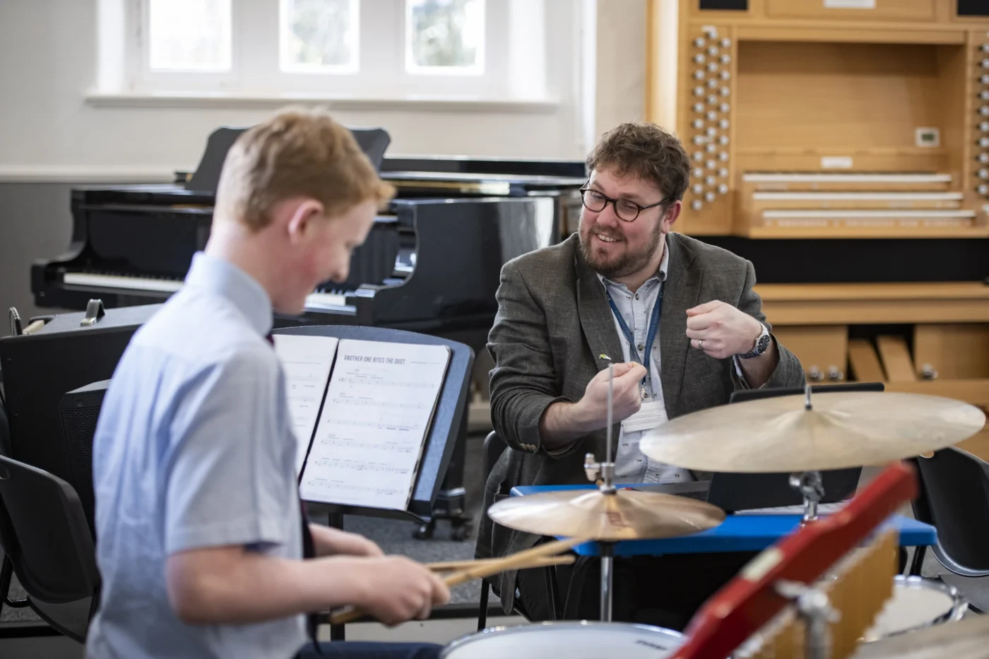 Barnard Castle School pupil in a drum lesson.