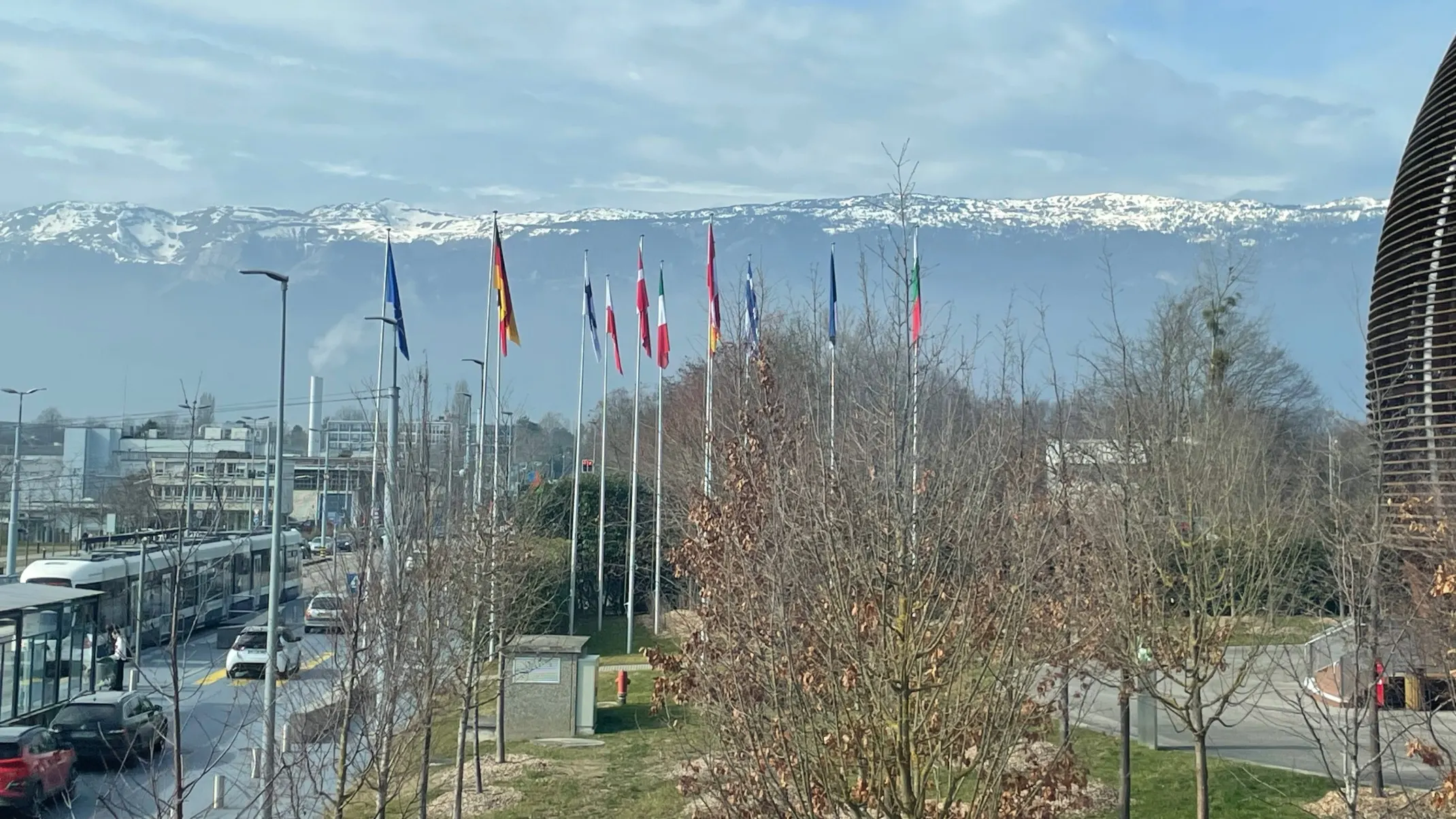 A series of flag poles in Geneva.
