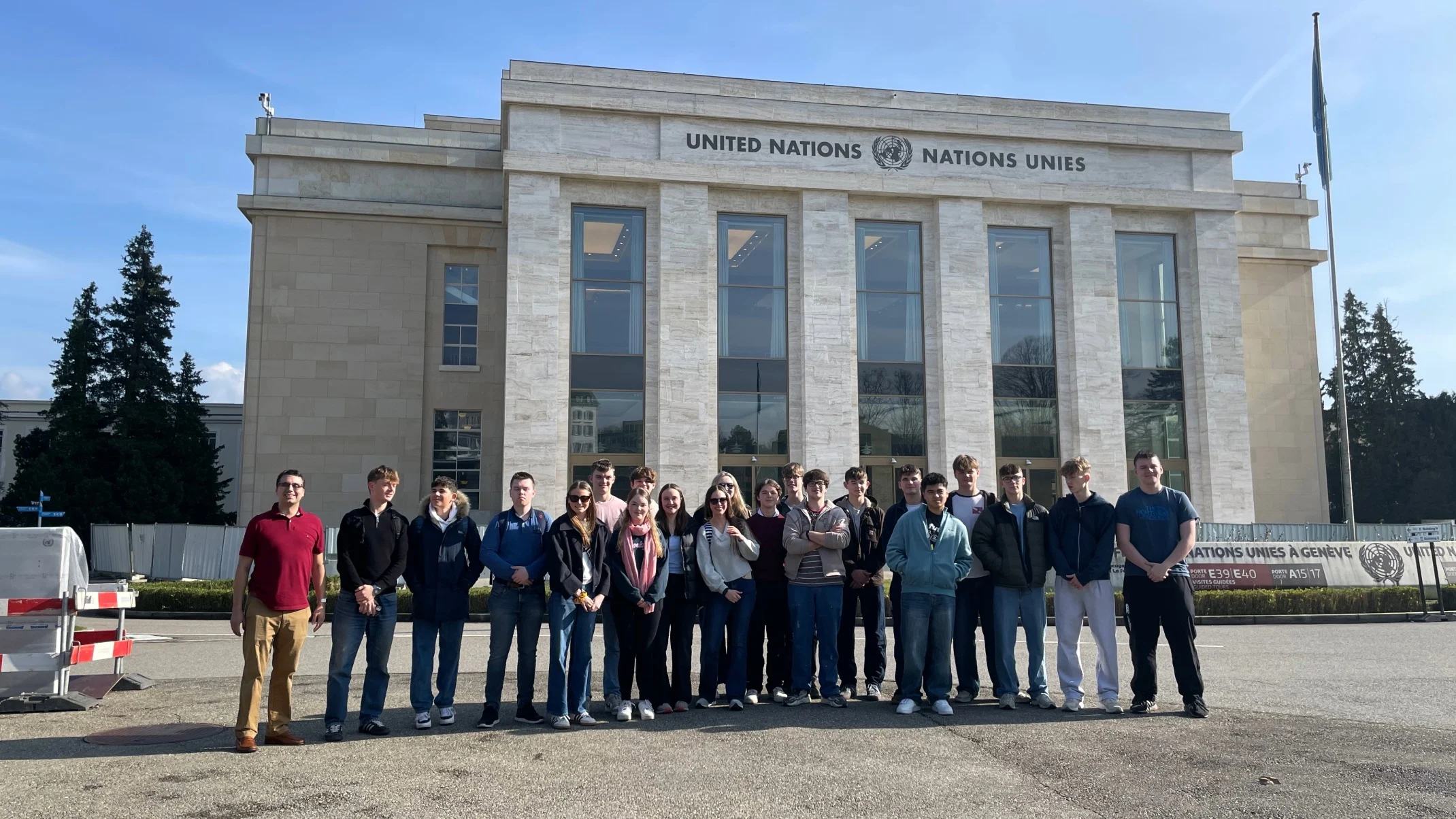 A group of Barney students outside the UN Palace of Nations in Geneva.