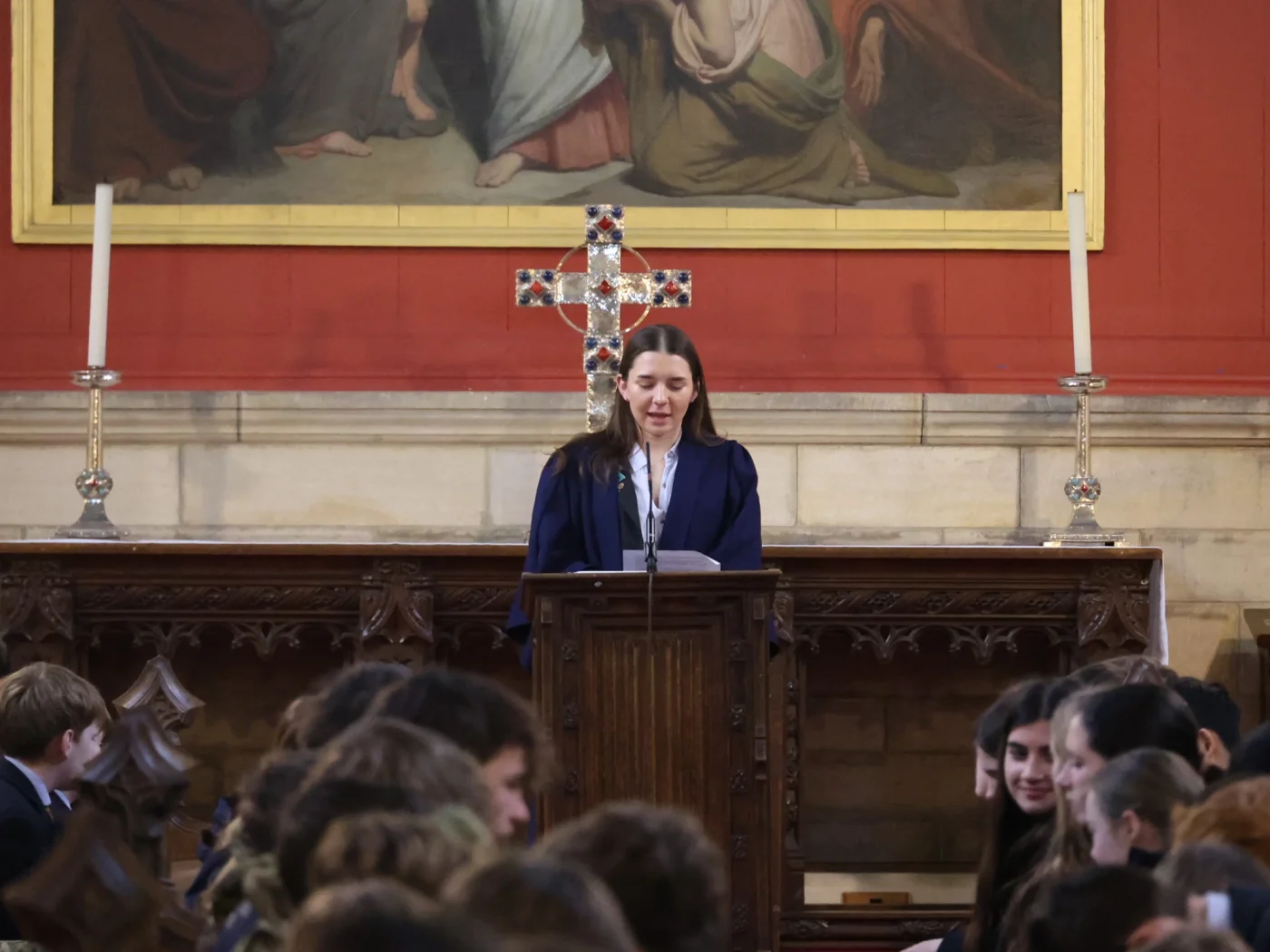 Sixth Form pupil speaking to assembly.