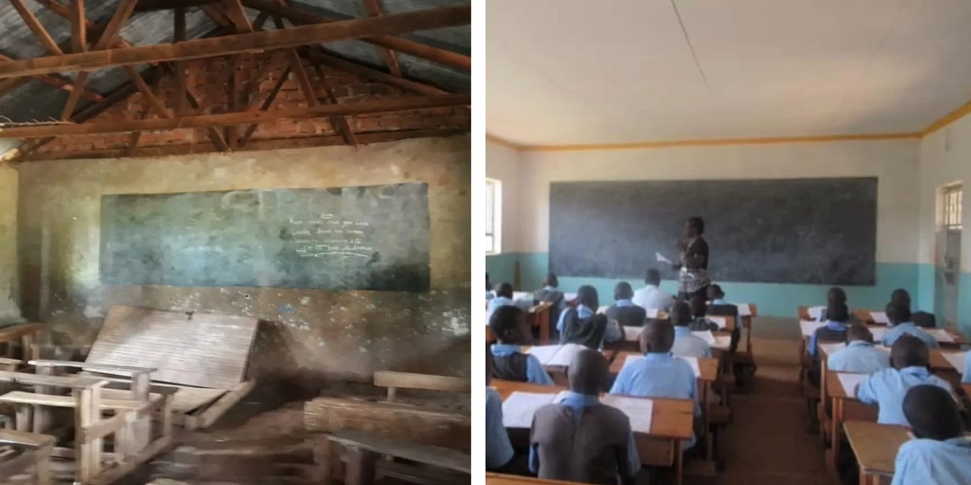 A before and after comparison between a run down classroom and a refreshed one.
