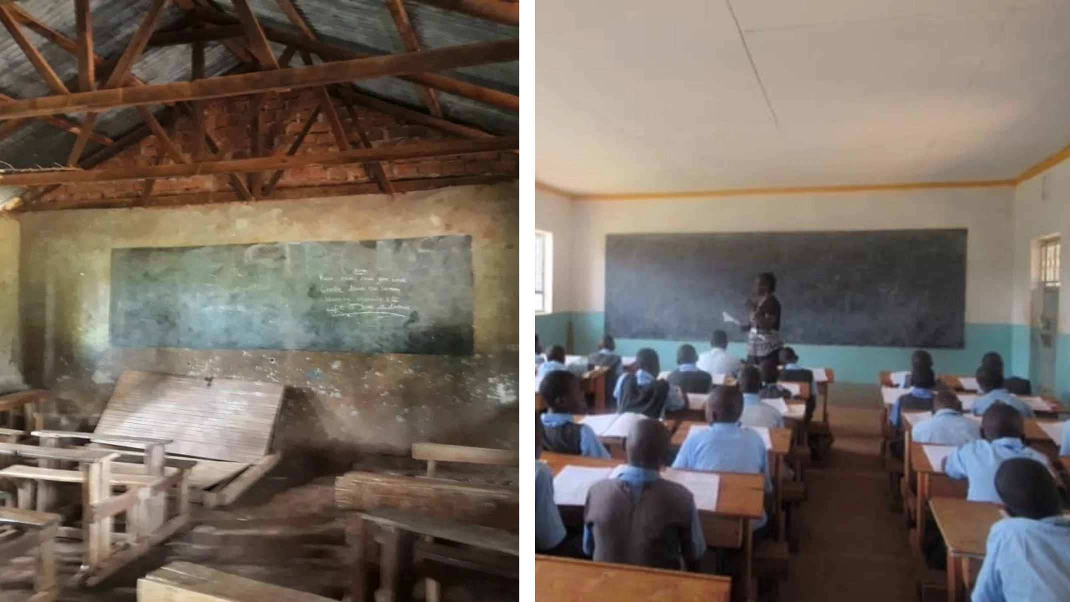 A before and after comparison between a run down classroom and a refreshed one.