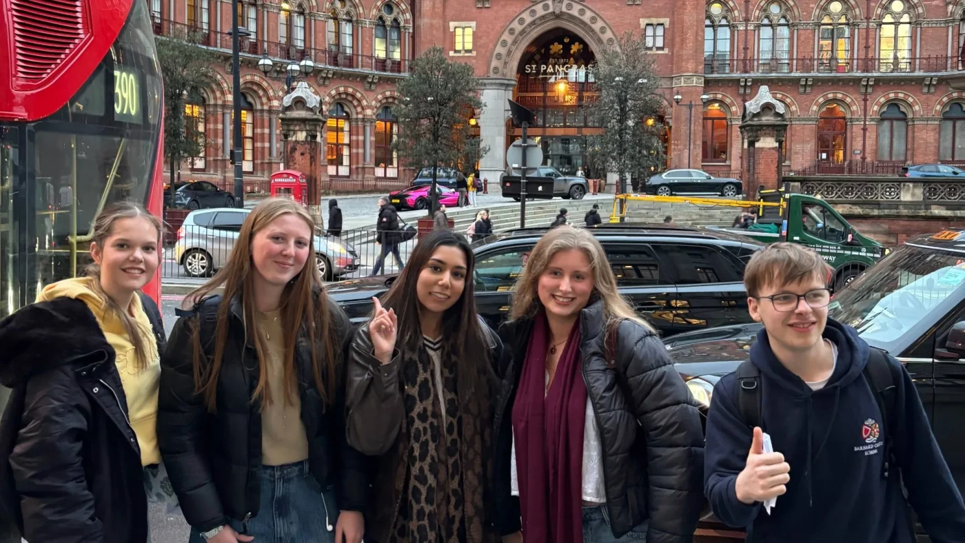 Barney Theatre students outside St Pancras station.