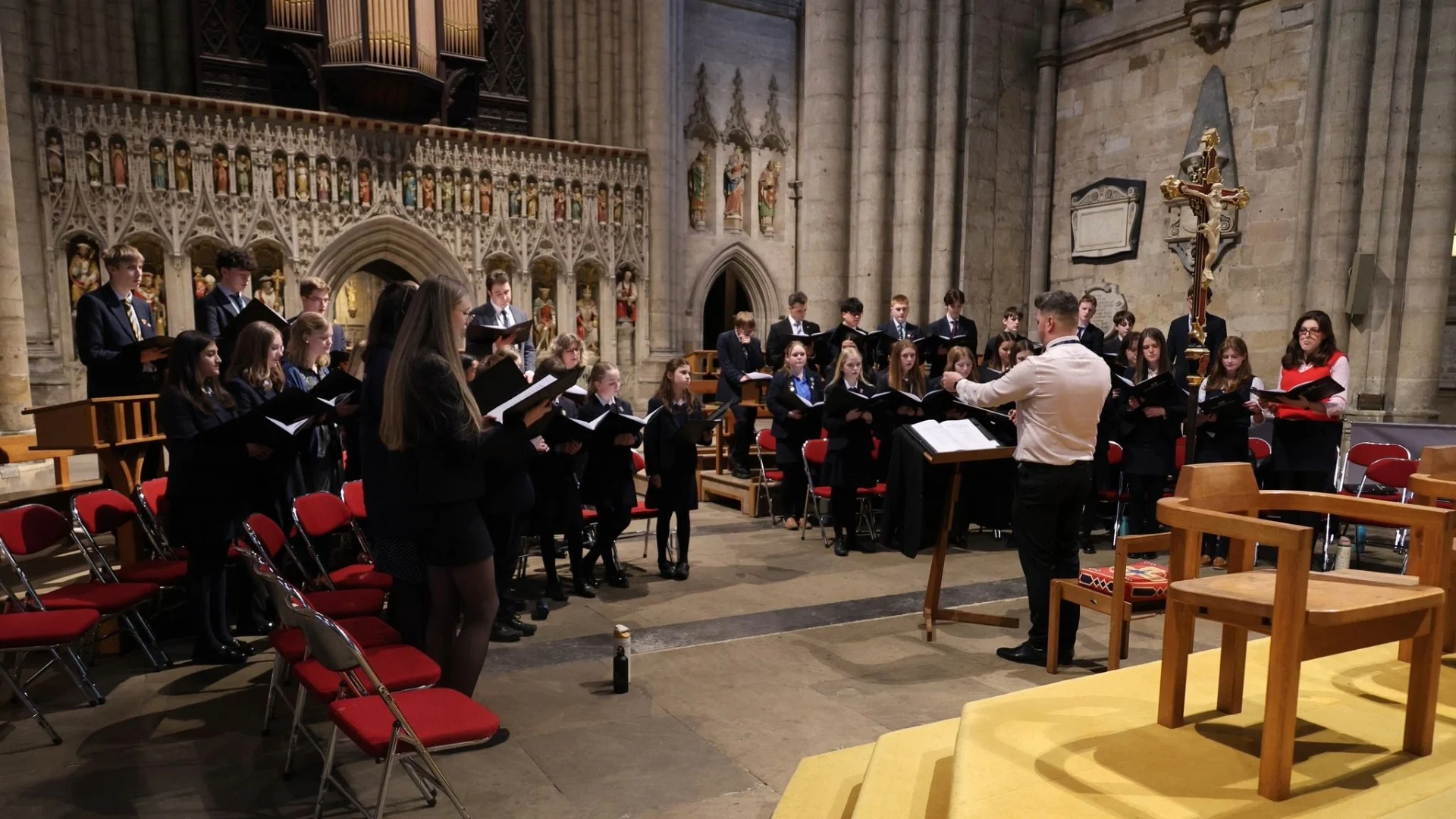 A large group of Chapel Choir singers from Barney in Ripon Cathedral.