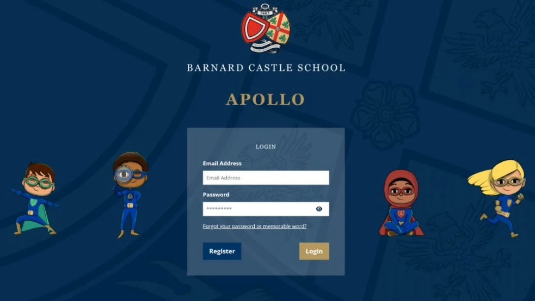 The Apollo login screen featuring illustrated characters.