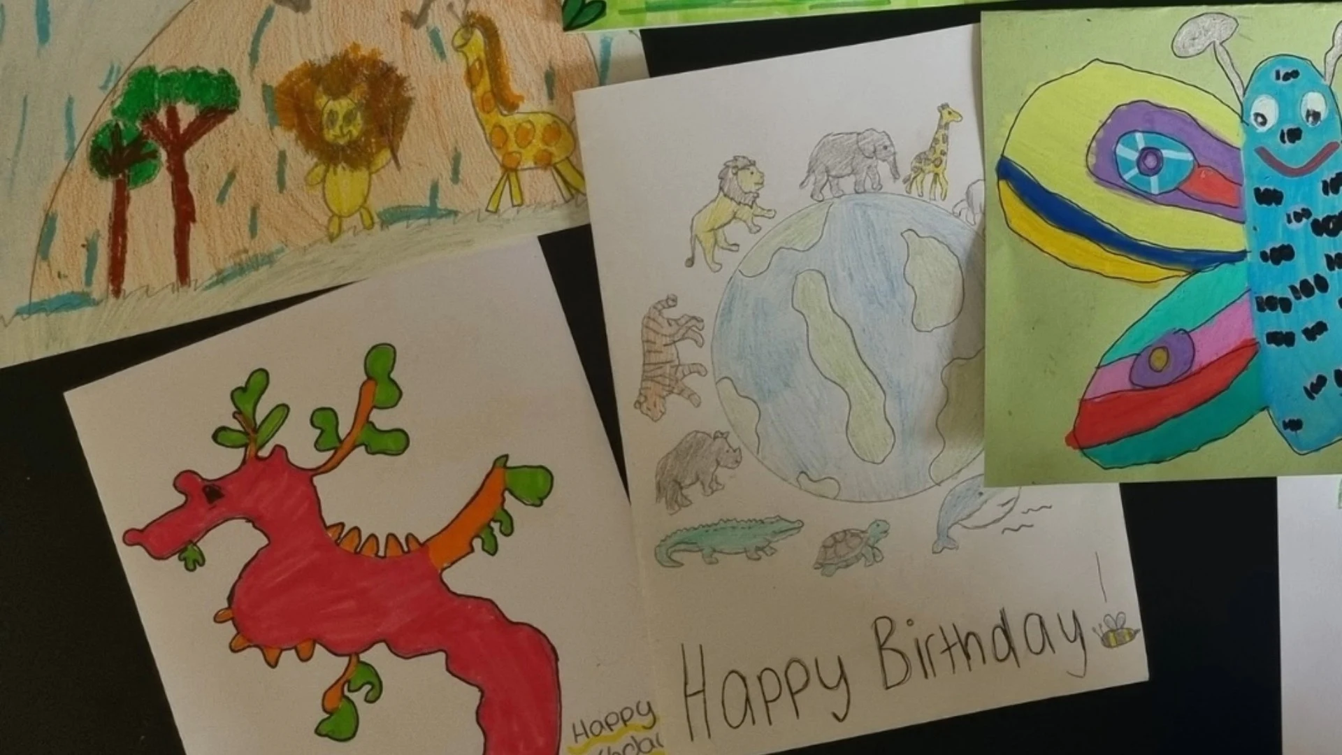 An arrangement of hand-made birthday cards for Sir David Attenborough's 100th birthday.