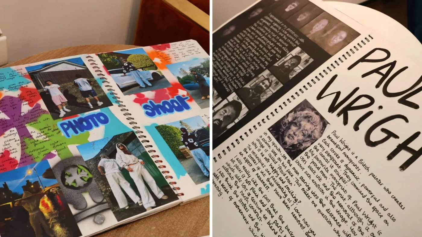 Two images of scrapbook and collage-style artwork.