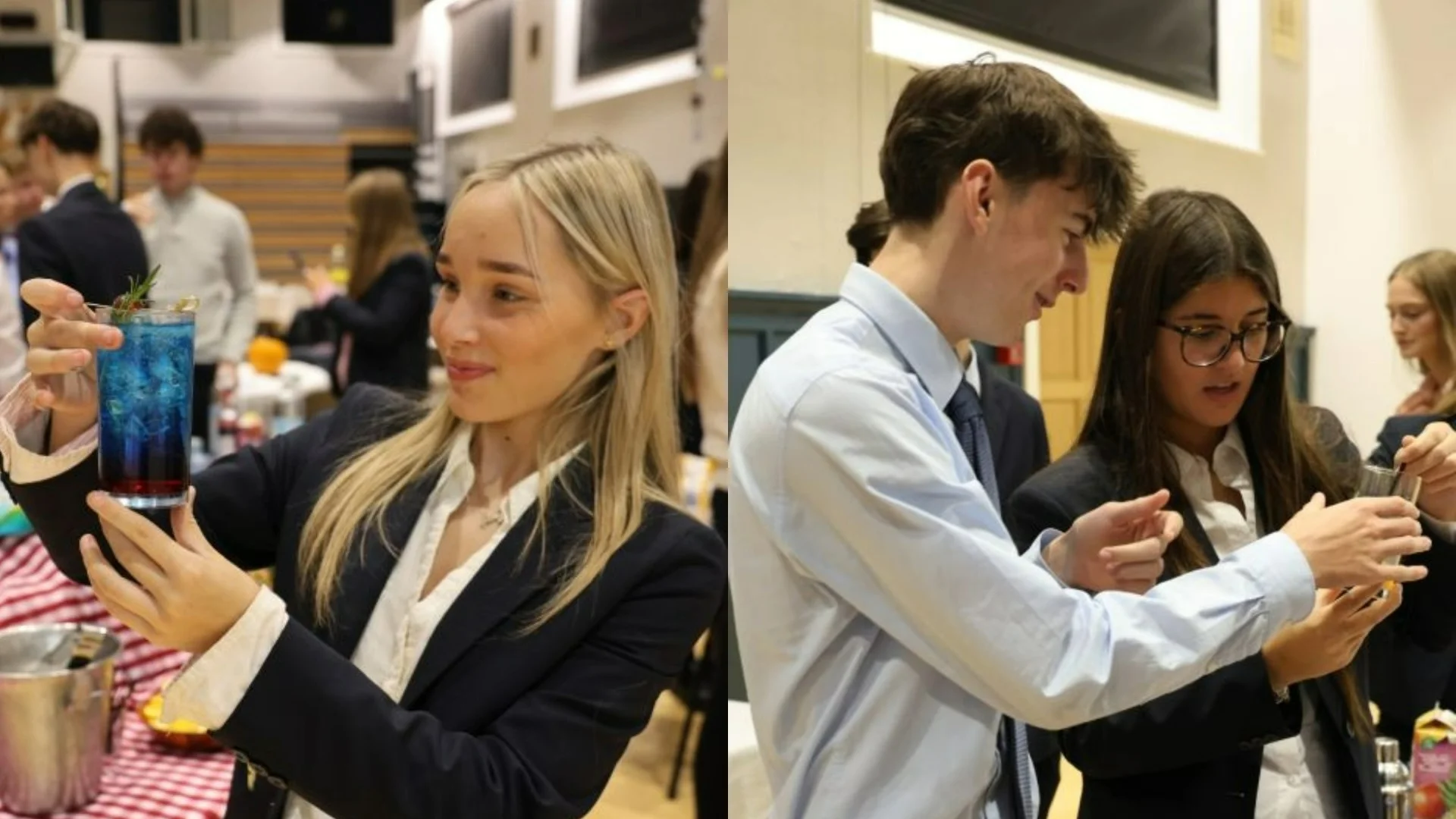 A Barney student holding up a blue mocktail alongside two other Barney students discussing their drink.
