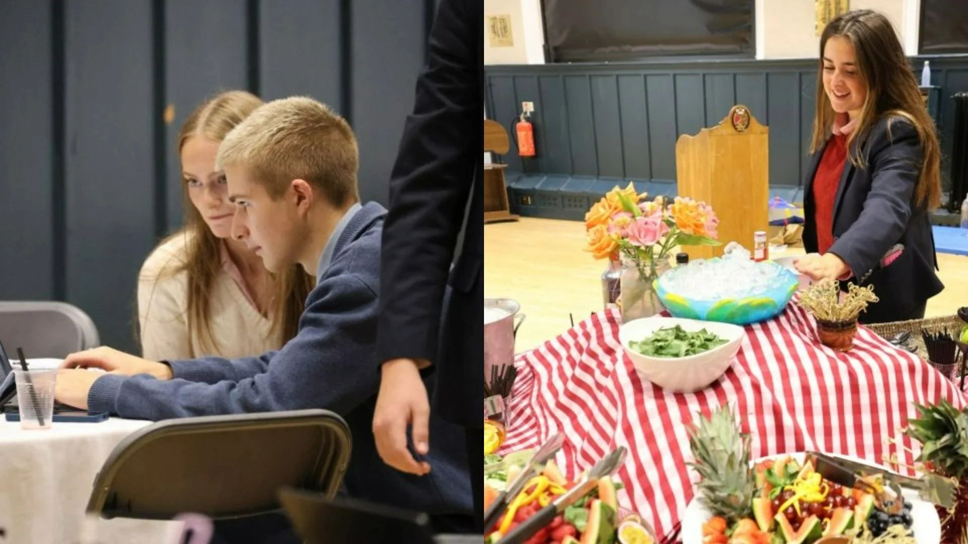 Two Barney students working on a tablet, alongside a Barney student beside a table of ice and fruit.